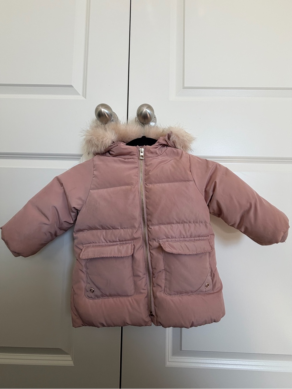 Zara 12-18 months Pink Puffer Coat with Faux Fur Hood